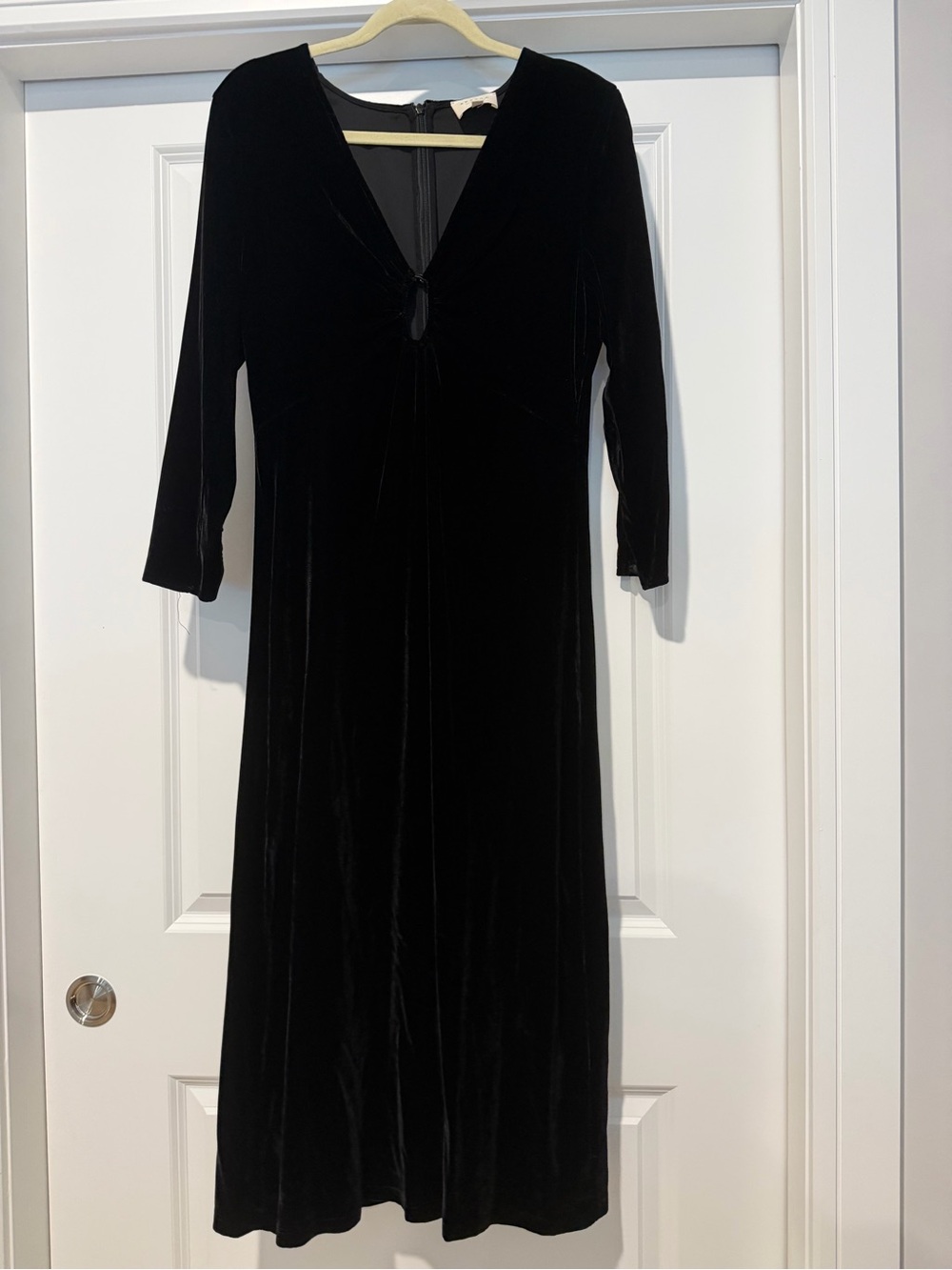 Sezane Black Velvet Midi Dress with V-Neck